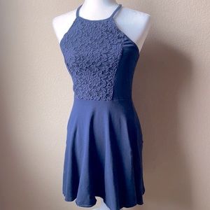 Abercrombie & Fitch navy blue halter skater dress with lace top, size small